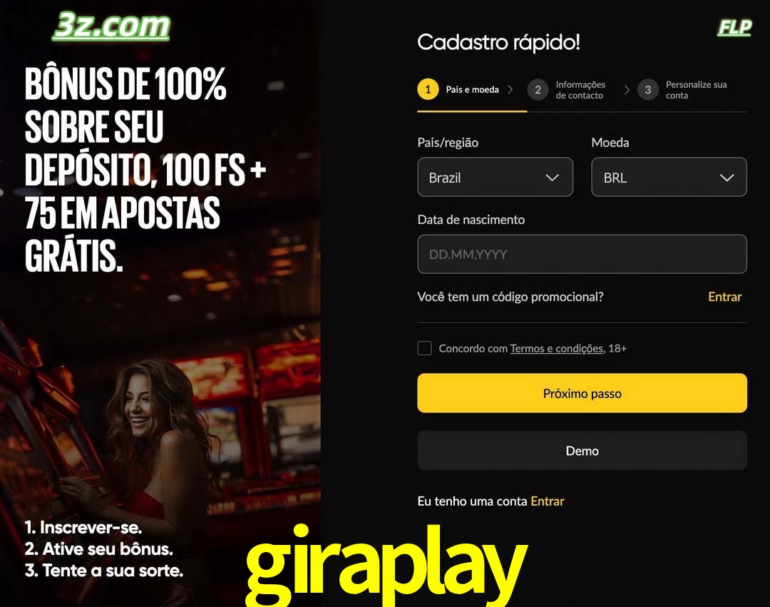 giraplay registro oficial cassino online Brasil com bônus de depósito e free spins